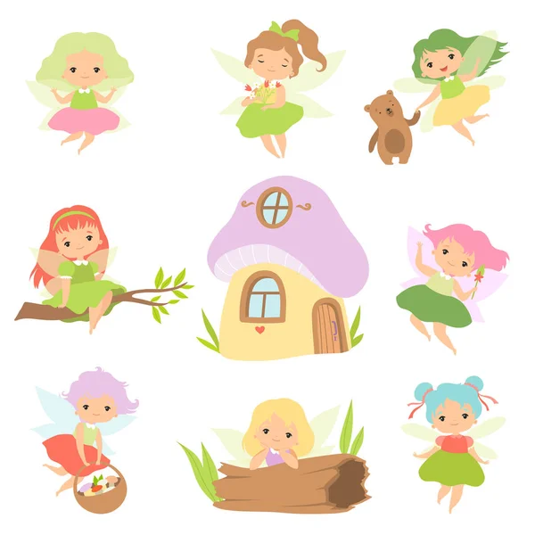 Conjunto de fadas da floresta pequena bonito, encantadoras fadas meninas personagens de desenhos animados e conto de fadas Fantasy House Vector Ilustração — Vetor de Stock