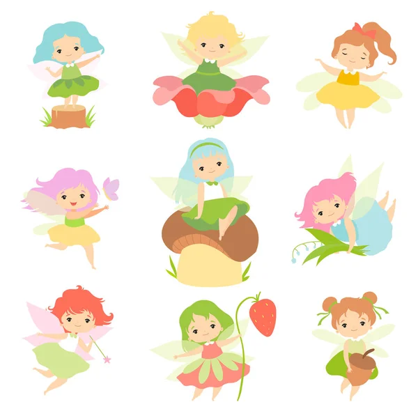 Conjunto de fadas da floresta pequena bonito, encantadoras fadas meninas personagens de desenhos animados com cabelos coloridos e asas Vector Ilustração —  Vetores de Stock