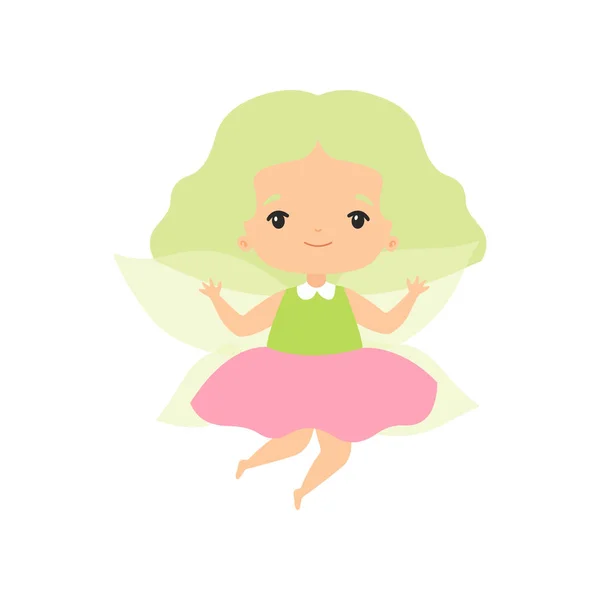 Fada Floresta Bonita, Linda Fada Personagem de Desenhos Animados Menina com Cabelo Verde e Asas Vector Ilustração — Vetor de Stock