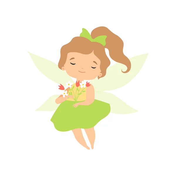 Kis erdei tündér, szép tündér lány rajzfilmfigura zöld ruhában repülő Wings Vector illusztráció — Stock Vector