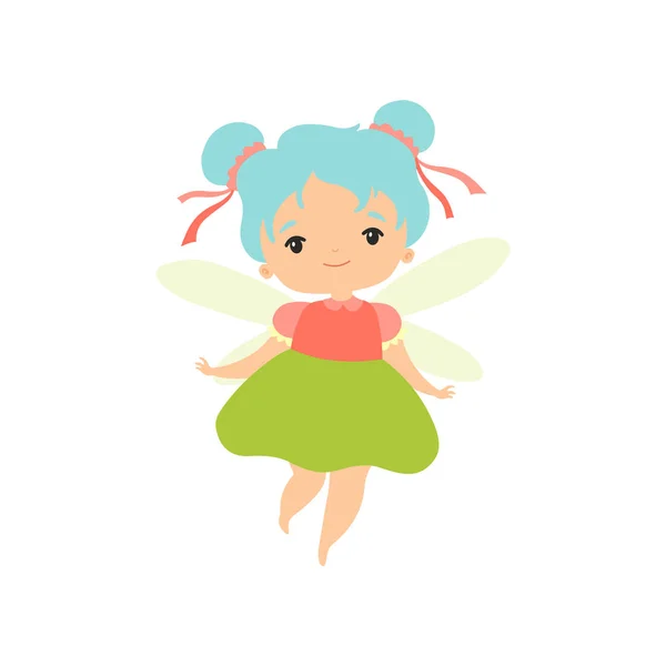 Pequeño hada del bosque, encantador personaje de dibujos animados de niña de hadas con pelo azul claro e ilustración vectorial de alas — Vector de stock