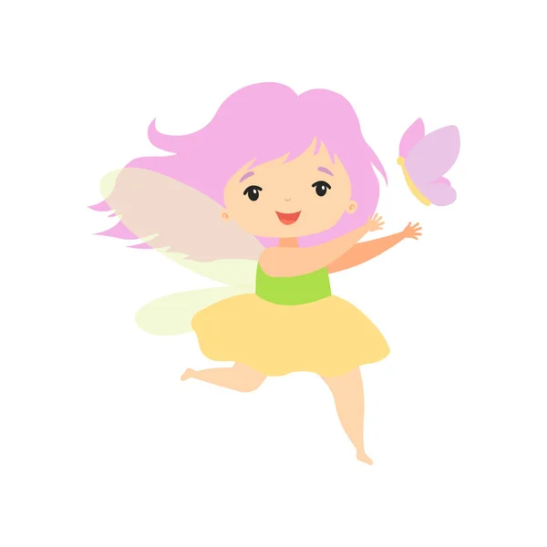 Poco bosque de hadas volando con mariposa, encantadora niña de hadas de dibujos animados personaje Vector ilustración — Vector de stock