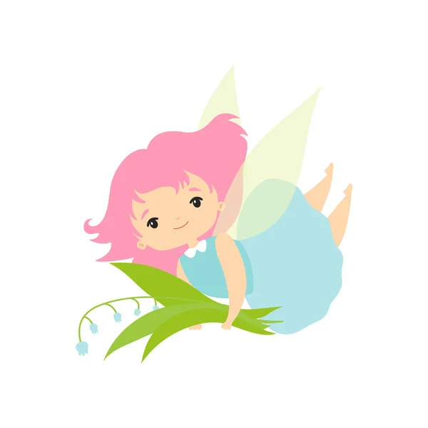 谷のユリの花束を持つ小さな森の妖精、緑の髪と翼ベクトルイラストと素敵な妖精の女の子漫画のキャラクター — ストックベクタ