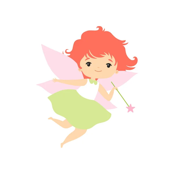 Pequena fada da floresta voando com varinha mágica, linda fada menina desenhos animados personagem ilustração vetorial —  Vetores de Stock