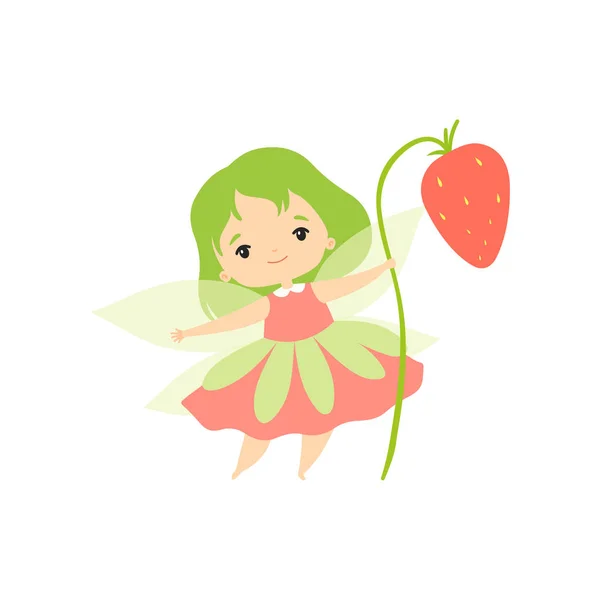 Μικρή νεράιδα του δάσους με άγρια φράουλα, υπέροχο χαρακτήρα κινουμένων σχεδίων κορίτσι νεράιδα με πράσινα μαλλιά και φτερά διανυσματική απεικόνιση — Διανυσματικό Αρχείο