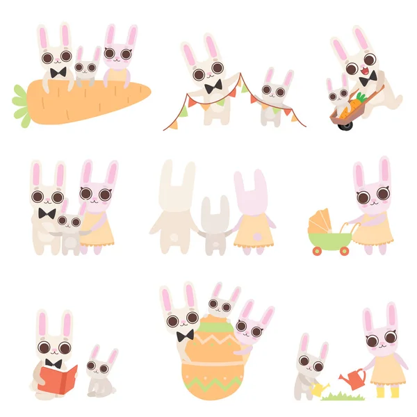 Conjunto de familia feliz de conejos, padre, madre y bebé conejos posando juntos, personajes lindos de las liebres de dibujos animados Vector Illustration — Vector de stock
