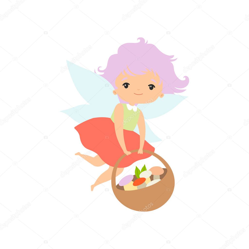 Little Forest Fairy Flying with Basket Full of Mushrooms, Lovely Fairy Girl Cartoon Character Vector Illustration