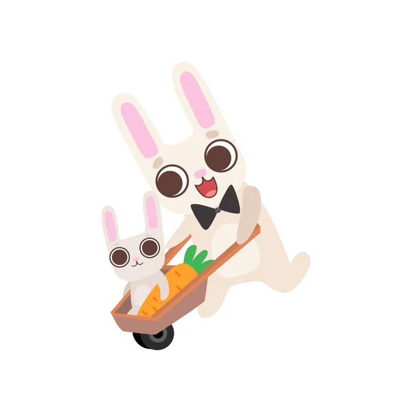 Família feliz de coelhos, Pai coelho empurrando carrinho de mão com seu bebê e cenoura, Bonito Cartoon Hares Personagens Vector Ilustração —  Vetores de Stock