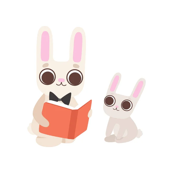 Szczęśliwy rodzina króliczki, ojciec królik czytanie książka do jego dziecko, słodkie kreskówka Hares postacie wektor ilustracja — Wektor stockowy