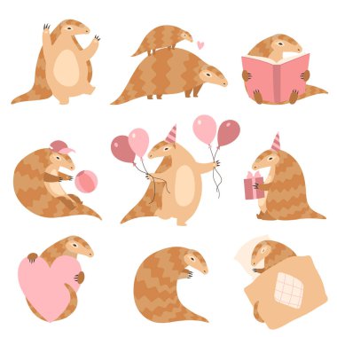 Sevimli Pangolin Hayvan Karikatür Karakterleri Farklı Durumlarda Set, Hayvanların Nadir Türler Vektör İllüstrasyon