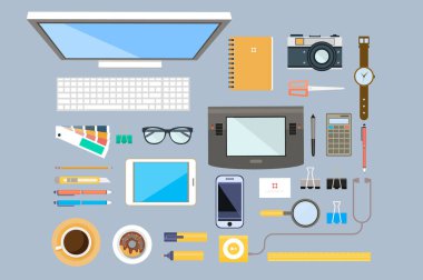 İşyeri Tasarımcısı, Ofis donanımı, mobil cihazlar ve iş araçları vektör çizim düz tarzı