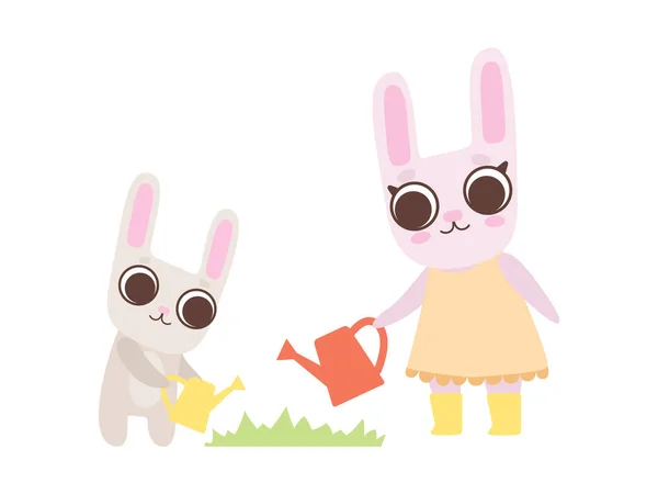 Família feliz de coelhos, coelho mãe e seu bebê regando plantas com regador pode, bonito Cartoon Hares Personagens Vector Ilustração —  Vetores de Stock