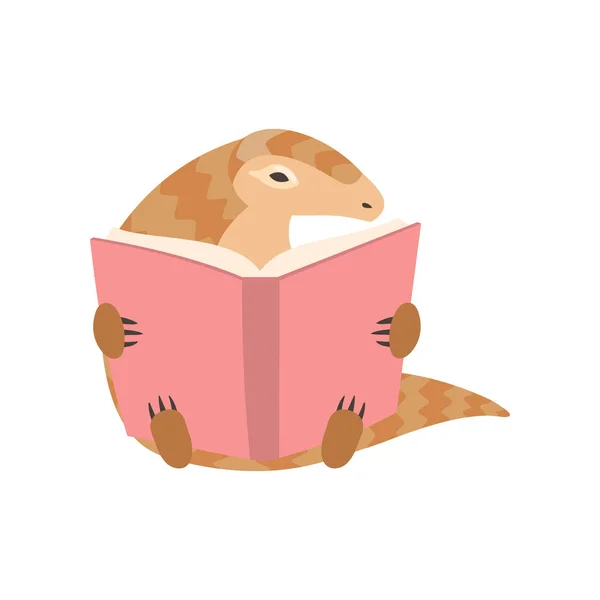 Bonito Pangolin Caráter dos desenhos animados Sentado e leitura do livro, espécies raras de animais Vector Ilustração —  Vetores de Stock