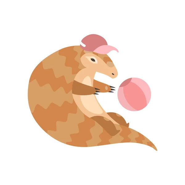 Caractère mignon de dessin animé de Pangolin dans la casquette de baseball rose jouant avec la boule, Illustration vectorielle d'espèces rares d'animaux — Image vectorielle