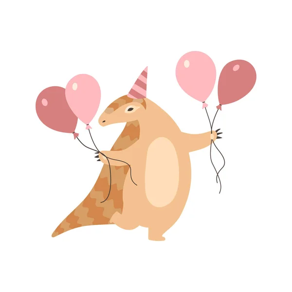 Carino personaggio dei cartoni animati Pangolin in cappello da festa con palloncini rosa, Rare Species of Animals Vector Illustration — Vettoriale Stock