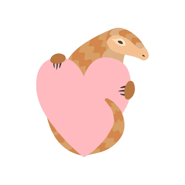 Carácter lindo de la historieta de Pangolin que sostiene el corazón rosado, especies raras de animales Vector Illustration — Archivo Imágenes Vectoriales