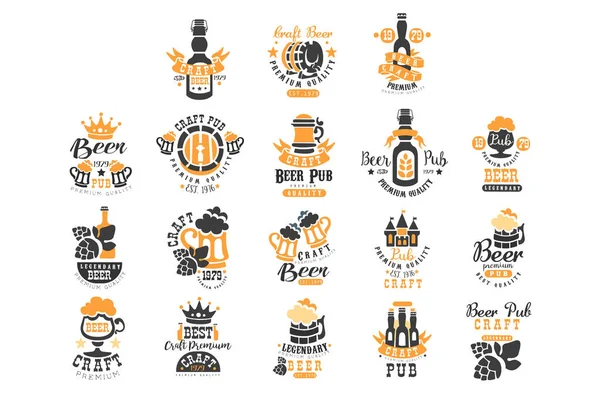 Conjunto vetorial de modelos originais de logotipo de cerveja preta e laranja. Tema da bebida alcoólica. Emblemas para embalagens de produtos, cervejarias, pub ou bar — Vetor de Stock