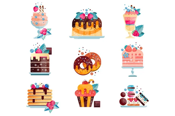 Ensemble vectoriel plat de différents desserts savoureux avec dégradés et texture. Gâteaux, cupcakes, beignets, glaces, crêpes, biscuits et macarons . — Image vectorielle