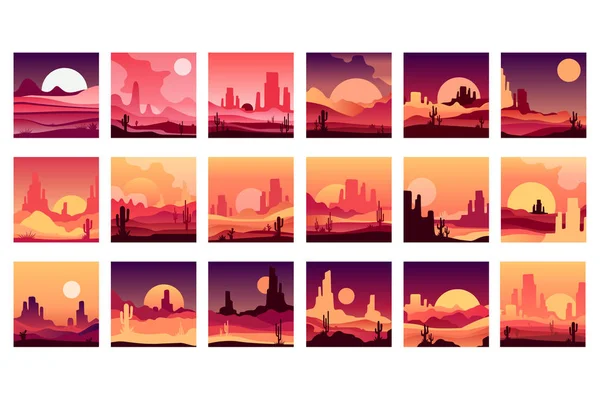 Vectoe Kartenset mit westlichen Wüstenlandschaften mit Silhouetten von felsigen Bergen, Kaktuspflanzen und Sonnenaufgang bei Sonnenuntergang. Design in Farbverläufen — Stockvektor