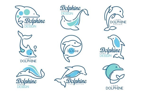 Набір шаблонів логотипів дельфінів, морські елементи дизайну синіх кольорів Векторні ілюстрації на білому тлі — стоковий вектор
