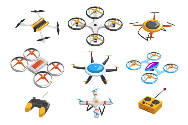 Flat vector set of quadrocopters, remote controller and joystick. Unmanned aerial vehicles. Flying drones with rotor blades. Modern technologies — Stock Vector