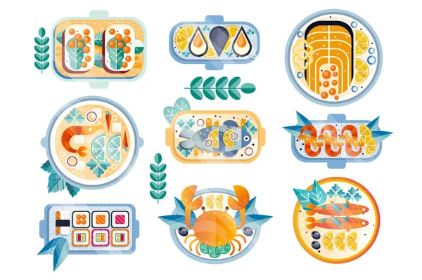 Platte vector set diverse visgerechten. Gekookt krab, mosselen, garnalen, zalm, tonijn, sushi en broodjes met kaviaar — Stockvector