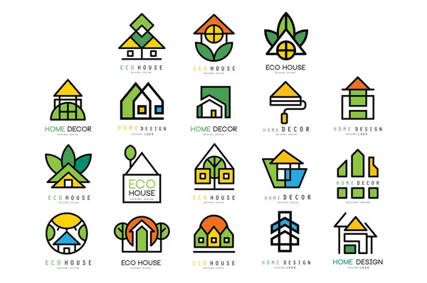 Conjunto vetorial de logotipos originais com casas eco friendly. Construção ecológica. Emblemas lineares ou serviços de arquitectura, construção ou agência imobiliária — Vetor de Stock