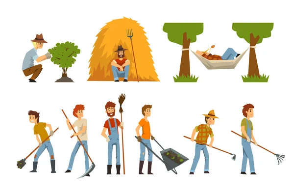 Conjunto de agricultores, trabajadores agrícolas con herramientas de jardinería, jardineros en el vector de trabajo Ilustraciones sobre un fondo blanco — Vector de stock