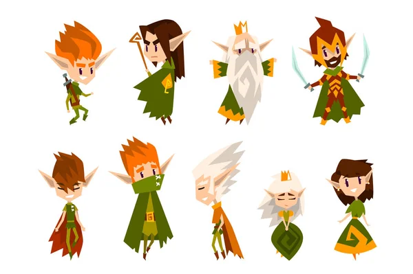 Bosque elfos conjunto, personajes mágicos de cuento de hadas en verde vector de ropa Ilustraciones sobre un fondo blanco — Vector de stock