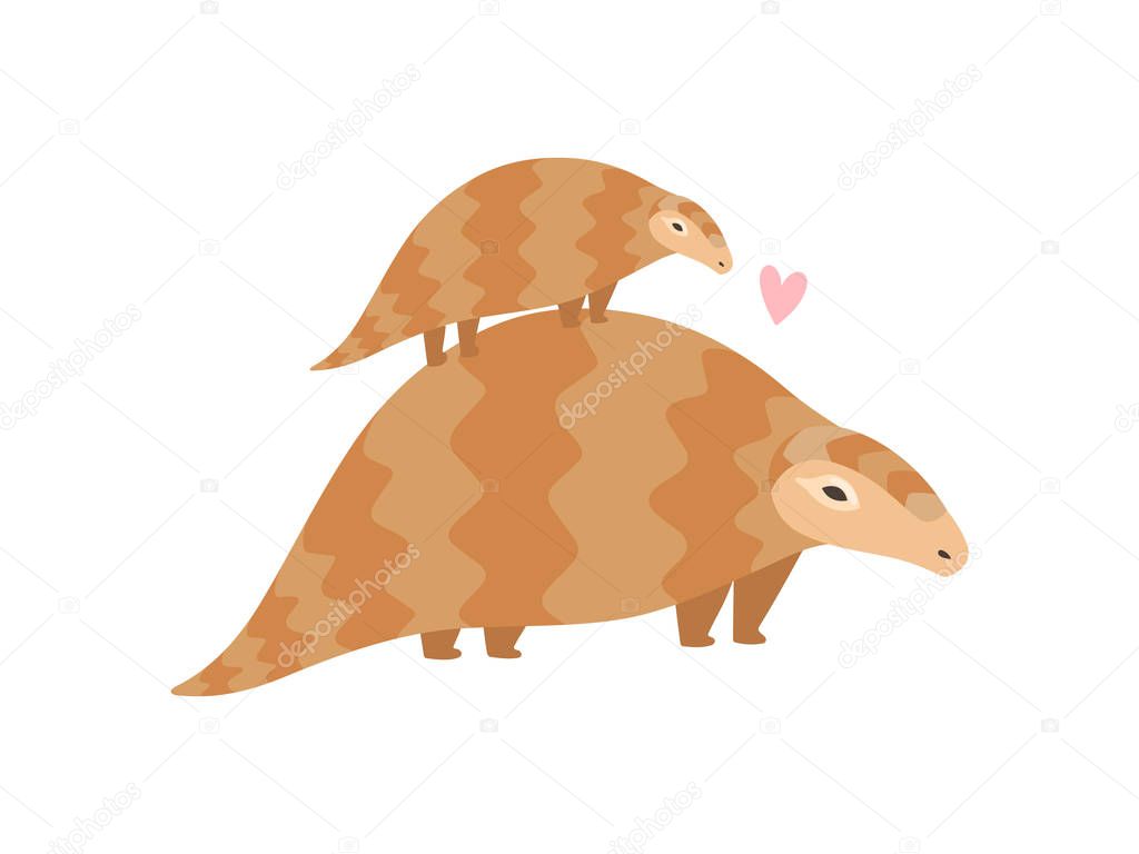 Cute Family of Pangolins, Mother Pangolin and Her Baby Who is Sitting on Her Back, Rare Species of Animals Vector Illustration