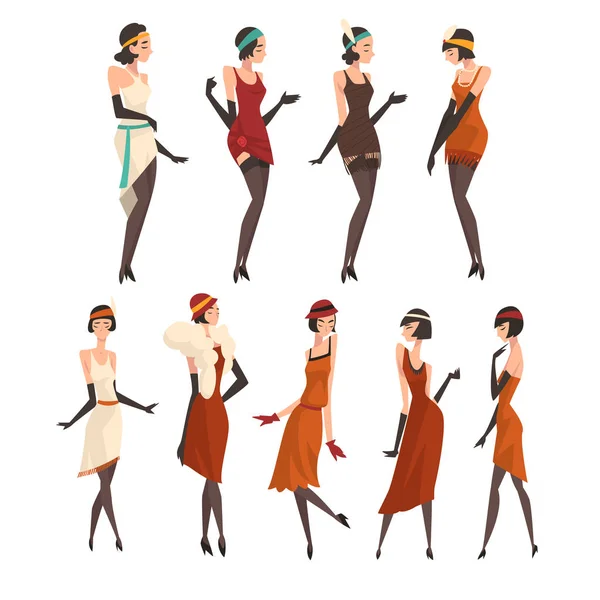 Elegant Women in Retro Dresses, Black Stockings and Gloves Set, Beautiful Flapper Girls of 1920an, Art Deco Style Vector Illustration - Stok Vektor