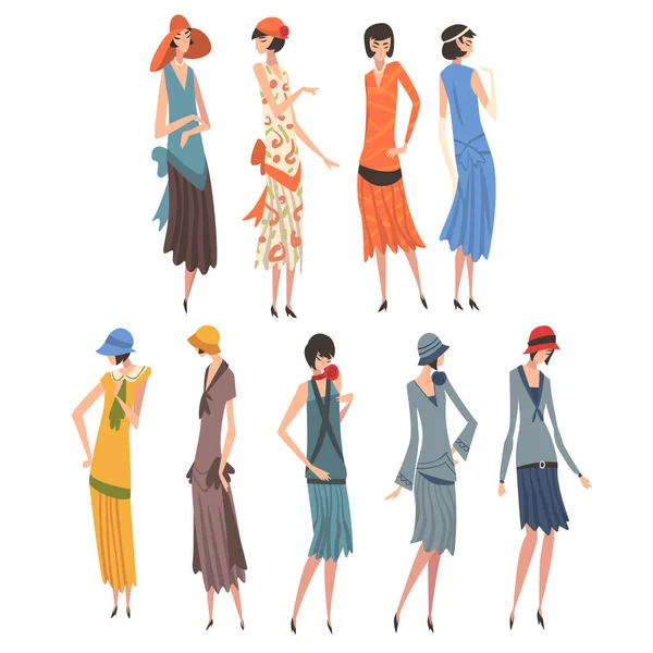 Elegante vrouw in Retro jurken set, mooie meisjes van de jaren 1920, Art Deco stijl vector illustratie — Stockvector