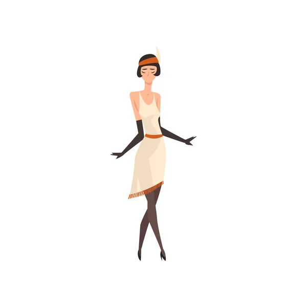 Elegante vrouw in witte retro jurk, zwarte kousen en handschoenen, mooie Flapper meisje van de jaren 1920, Art Deco stijl vector illustratie — Stockvector
