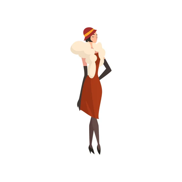 Elegante mujer en vestido rojo retro, medias negras, guantes y piel Boa, hermosa chica flapper de 1920, ilustración vectorial de estilo Art Deco — Archivo Imágenes Vectoriales