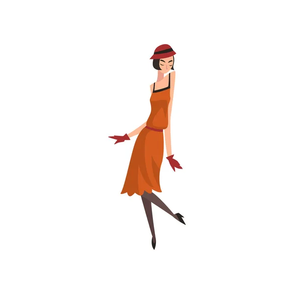 Elegante mujer en vestido rojo retro, sombrero, medias y guantes, hermosa chica flapper de 1920, ilustración vectorial de estilo Art Deco — Archivo Imágenes Vectoriales