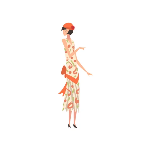 Mujer elegante en vestido y sombrero retro de verano, hermosa chica de 1920, ilustración vectorial de estilo art déco — Vector de stock