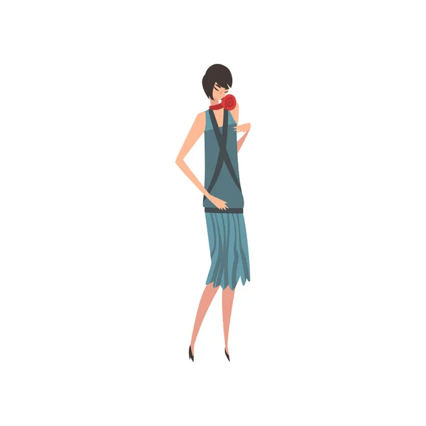 Elegante brunette vrouw in blauwe retro jurk, mooi meisje van de jaren 1920, Art Deco stijl vector illustratie — Stockvector