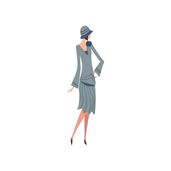Elegante vrouw in blauwe retro jurk en hoed, mooi meisje van de jaren 1920, Art Deco stijl vector illustratie — Stockvector