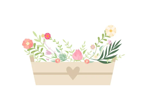 Drewniane pudełko pełne pięknych kwiatów Wektor ilustracji — Wektor stockowy