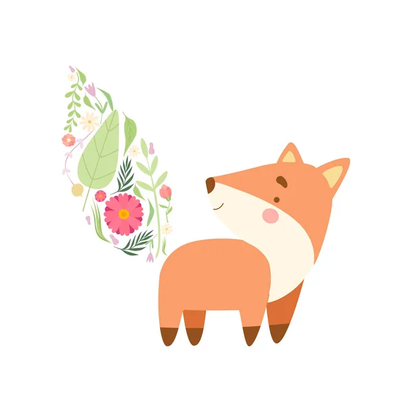 Niedlichen Fuchs mit Schwanz aus floralen nahtlosen Muster, schöne Tier-Cartoon-Charakter Vektor-Illustration — Stockvektor