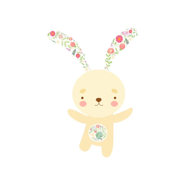 Lapin mignon avec oreilles et ventre en motif floral sans couture, belle illustration vectorielle de personnage de bande dessinée animale — Image vectorielle