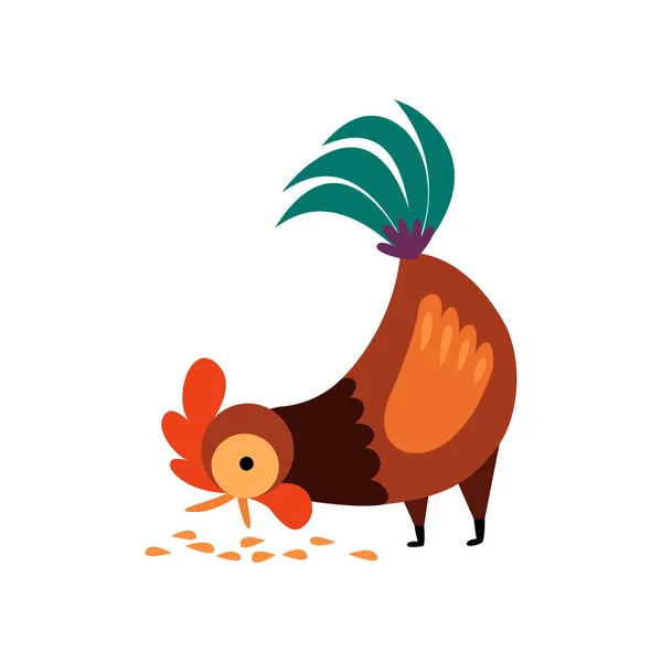 Haan pecking graan in de werf vector illustratie — Stockvector