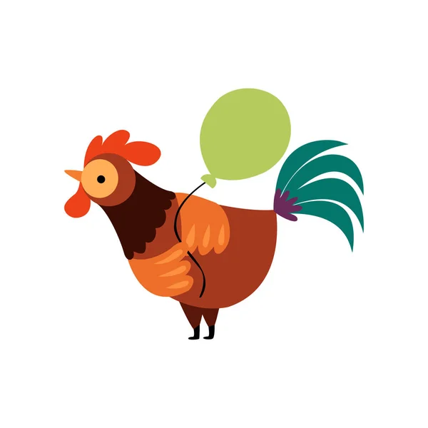 Gallo colorido con globo verde, ilustración del carácter de la historieta de la polla de granja Vector — Vector de stock