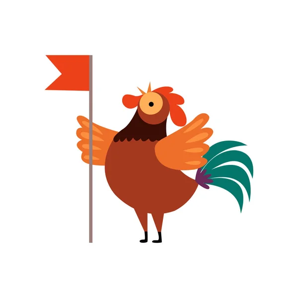 Colorful Rooster Crowing, Farm Cock Cartoon Character with Red Flag Vector Illustration — Stock Vector