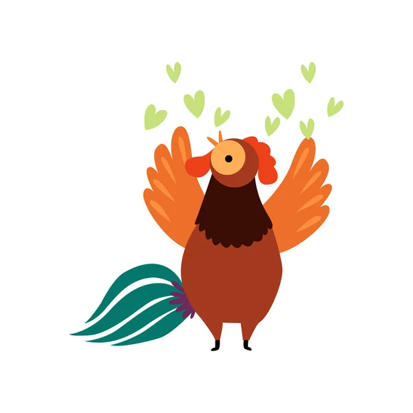 Colorful Rooster Crowing, Farm Cock Cartoon Character Singing Love Song Vector Illustration — Stock Vector