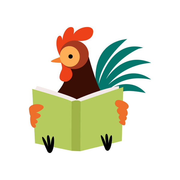 Colorful Rooster Reading Book, Farm Cock Cartoon Character Vector Illustration