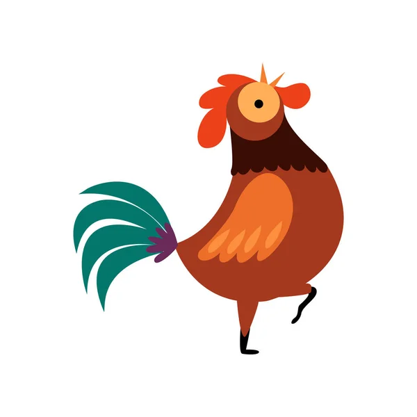 Colorful Rooster Standing on One Leg and Crowing, Farm Cock, Poultry Farming Vector Illustration — Stock Vector