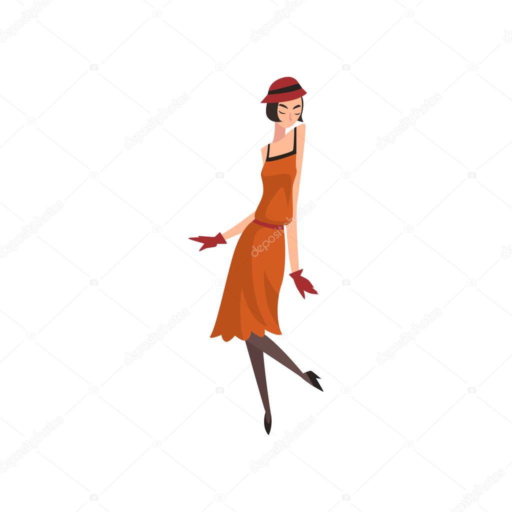 Elegant Woman in Red Retro Dress, Hat, Stockings and Gloves, Beautiful Flapper Girl of 1920s, Art Deco Style Vector Illustration