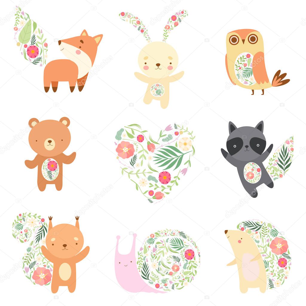 Cute Animals Decorated with Floral Seamless Pattern Set, Lovely Forest Animals Cartoon Characters Vector Illustration