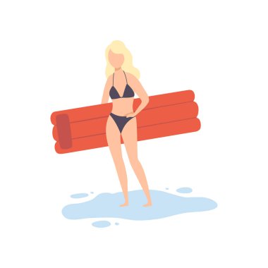 Mayo Yla Güzel Kız Hava Şiltesi ile Ayakta, Genç Kadın Yaz Tatili Vektör İllüstrasyon Sahilde Rahatlatıcı